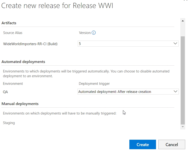 On the Create new release for Release WWI page, under Artifacts, WideWorldImporters-RR-CI (Build) is set to version 5. Under Automated deployments, the deployment trigger for the QA environment is set to Automated deployment: After release creation.
